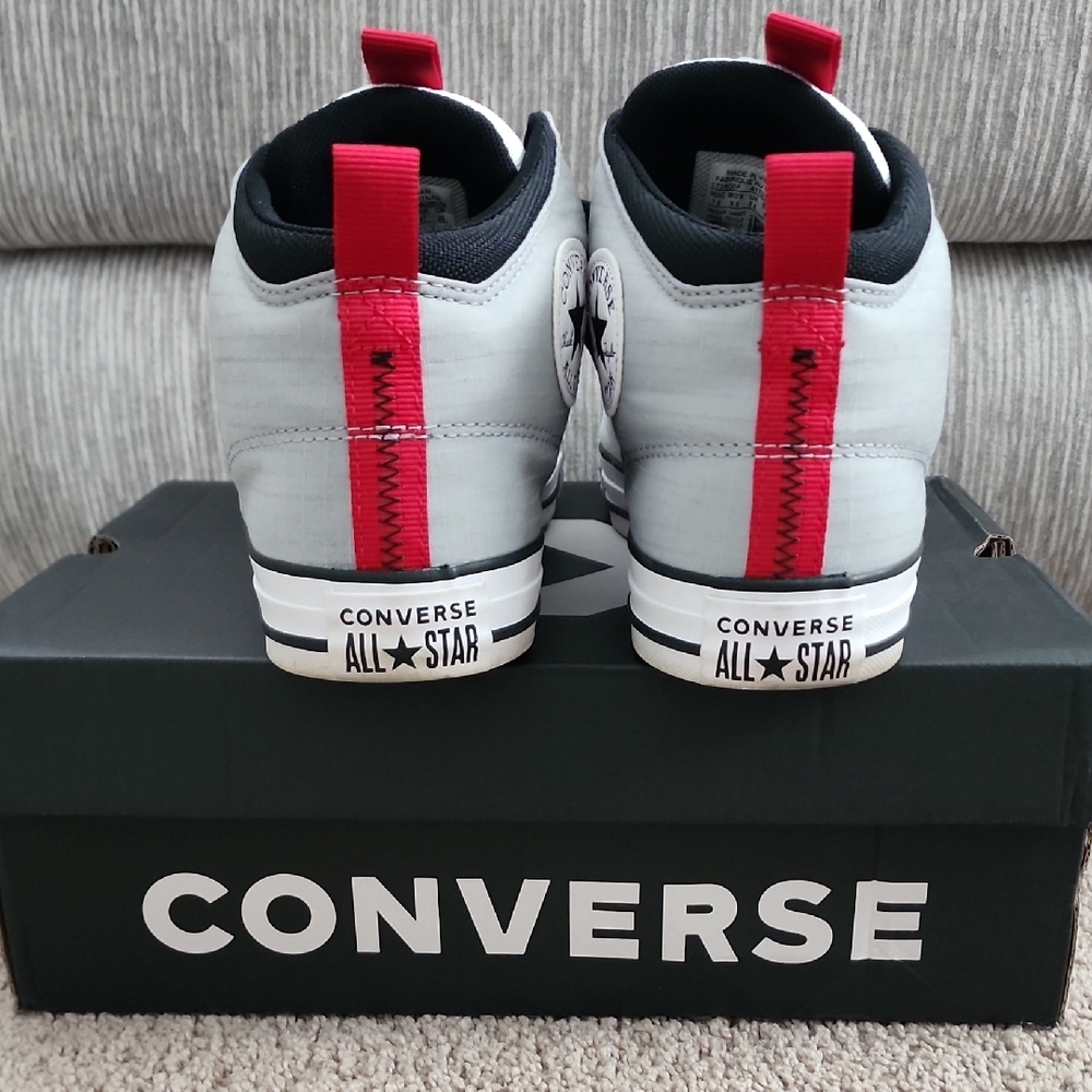 Converse Men's High Top Sneakers White Gray with Black and Red Accents - Picture 4 of 10